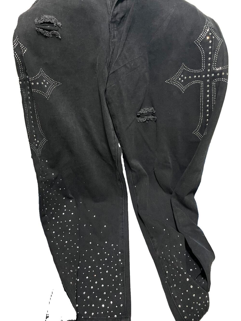 Men’s Black Jeans Rhinestone Size Large Rhinestone Cross Embroidery Denim Pants